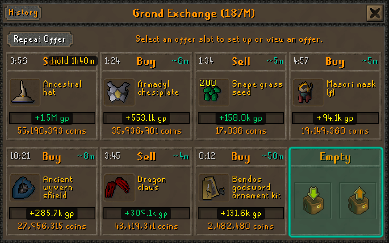 Grand Exchange interface with profit and timer annotations on every slot